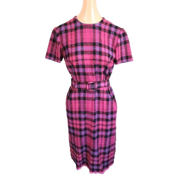 1960s Vintage Fuchsia and Purple Plaid Knit Dress with Belt, 36 Inch Bust, Med - Picture 1 of 5